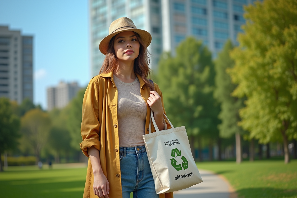 Jeune femme dans un parc urbain avec tenue recyclée et sac écologique
