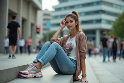 Jeune femme en jeans et sneakers dans une ville animée