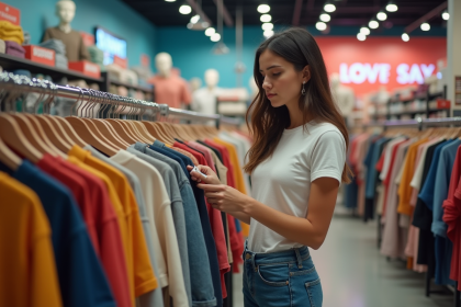 Jeune femme examinant une étiquette de vêtement dans un magasin de mode rapide