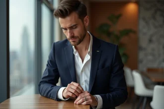 Jeune homme en costume regardant son anneau en or blanc