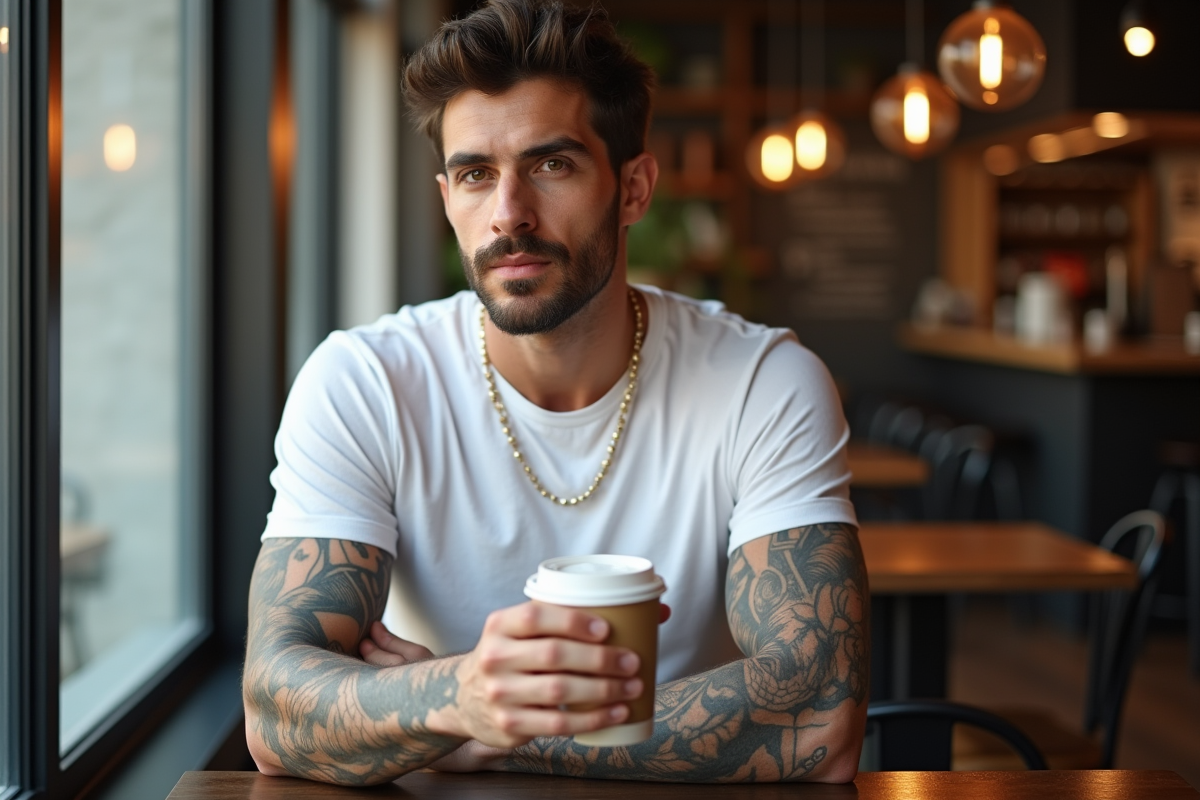 Jeune homme dans un café moderne avec tatouage sur le bras