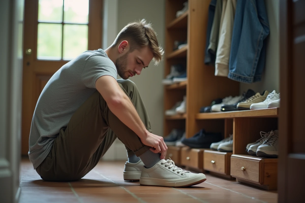 Jeune homme en entrée de maison ajustant une chaussure usée sur un tapis