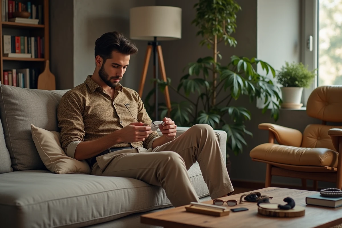 Jeune homme dans salon cosy en tenue décontractée