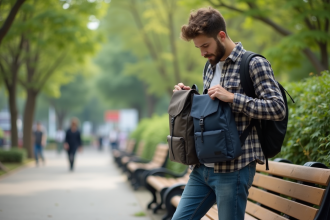 Jeune homme comparant deux sacs à dos minimalistes dans un parc urbain