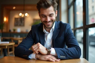 Jeune homme en blazer regardant sa montre dans un café chaleureux