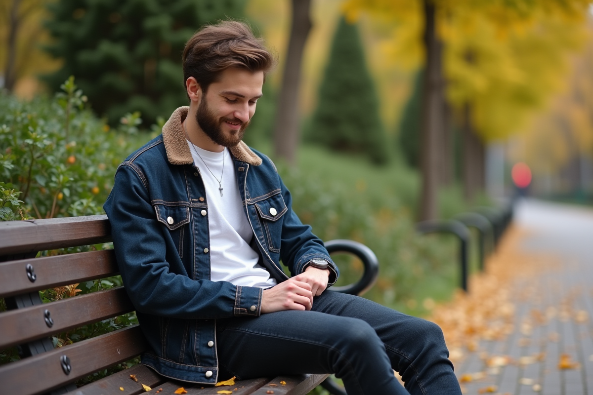 Jeune homme assis sur un banc dans un parc en automne
