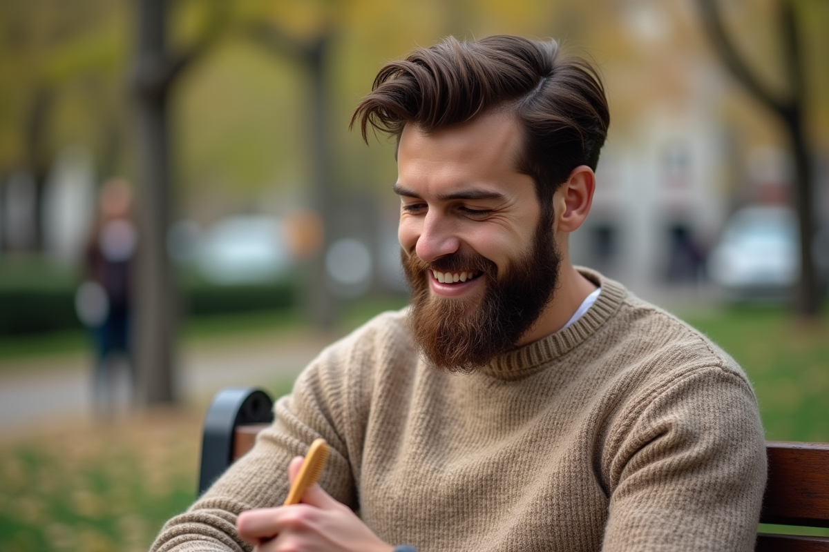 Jeune homme avec barbe dans un parc urbain