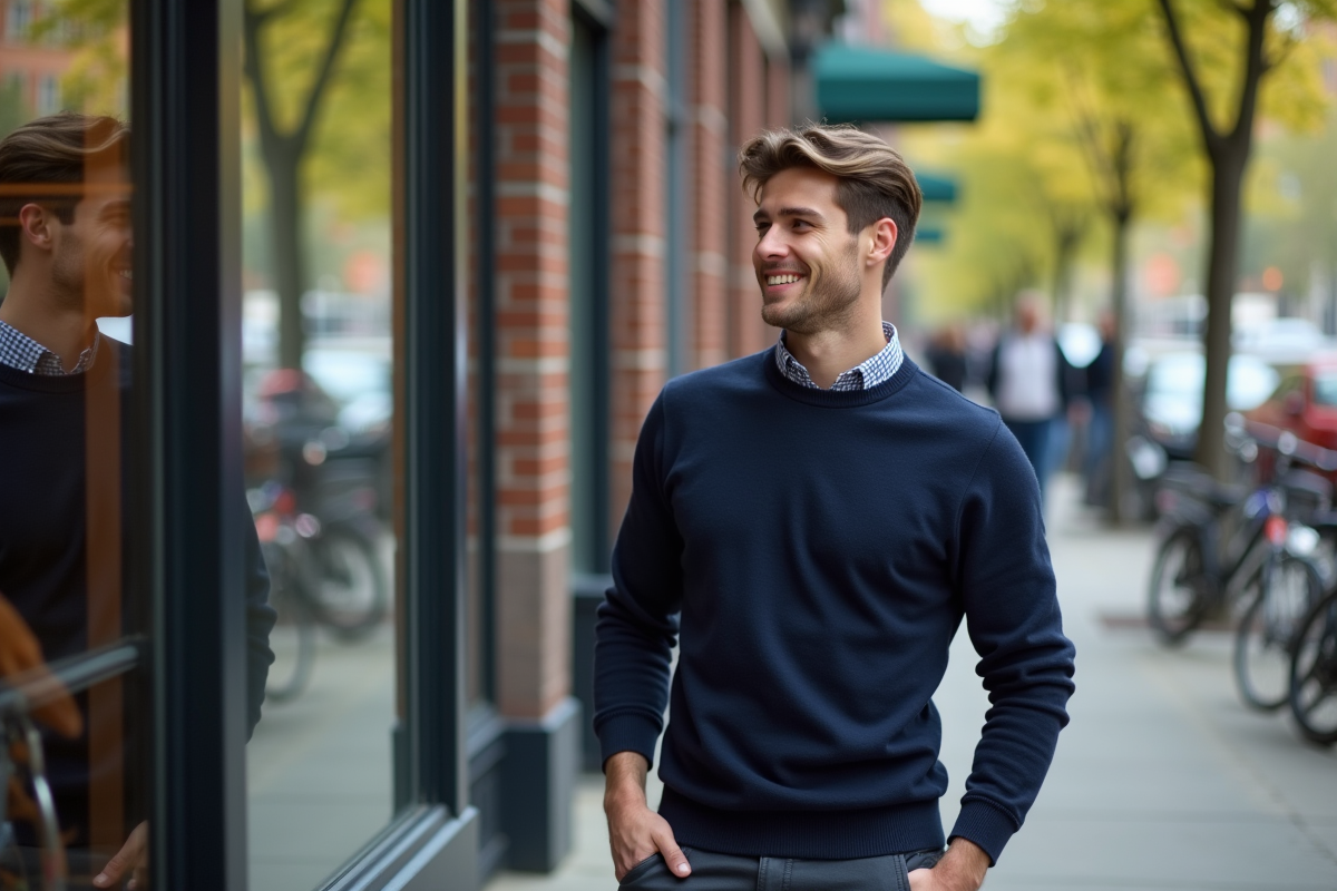 Jeune homme ajustant ses cheveux devant une vitrine en ville