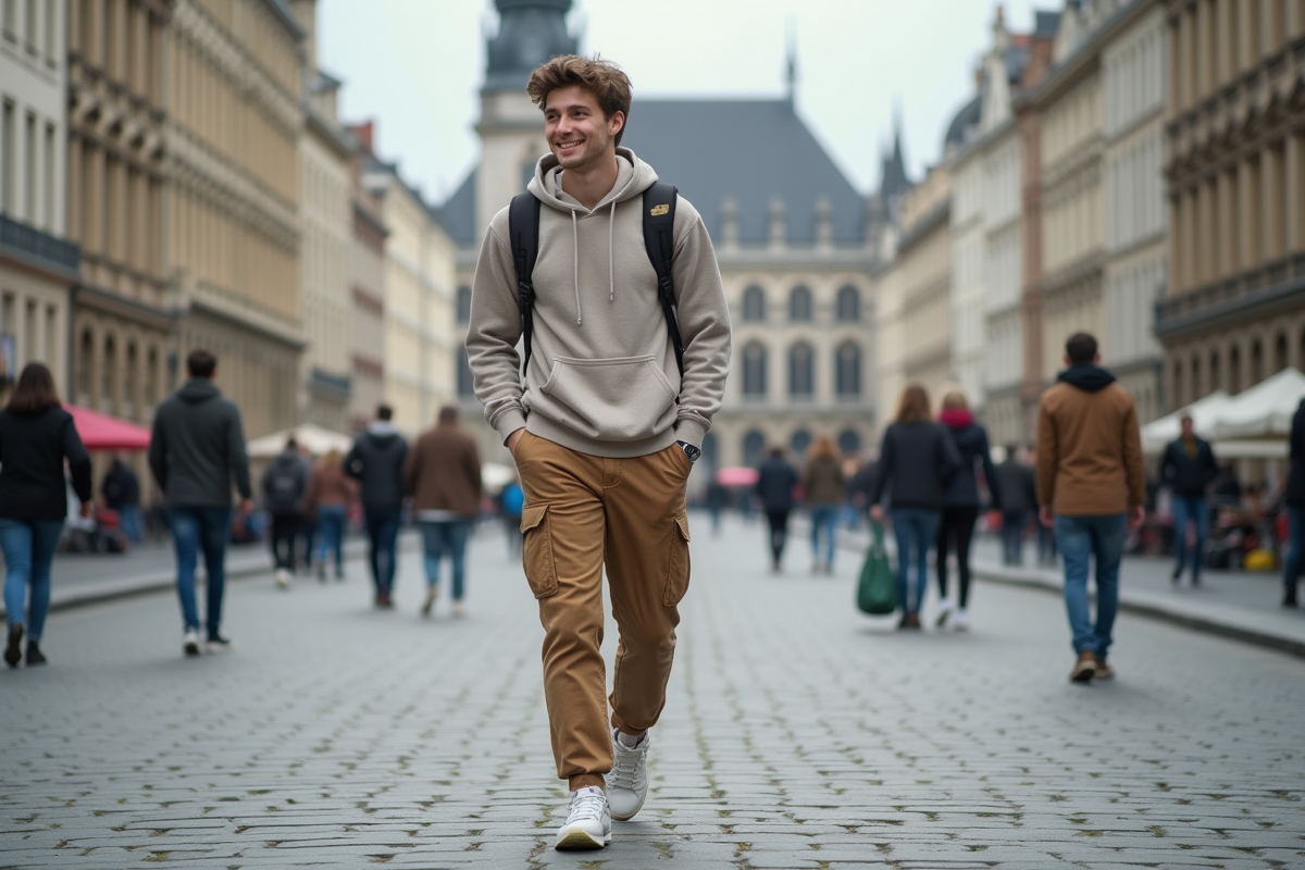 Jeune homme en streetwear dans une place de Bruxelles
