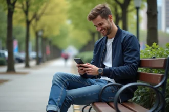Jeune homme détendu assis sur un banc de parc urbain