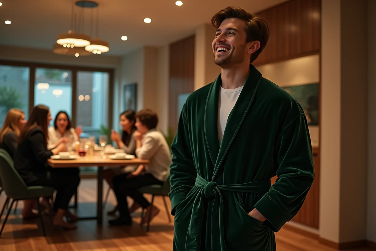 Jeune homme en velours vert riant avec amis autour d une table