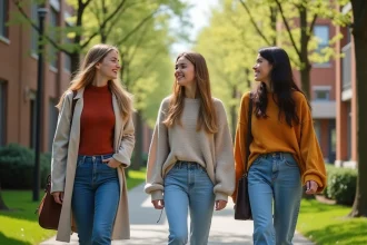 Trois adolescentes rient dans la cour de l'école au printemps