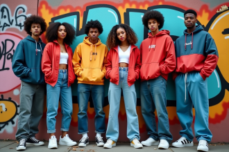 Groupe de jeunes en mode 90s devant un mur graffite