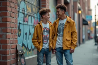 Jeune garçon et homme en streetwear années 80 sur le trottoir