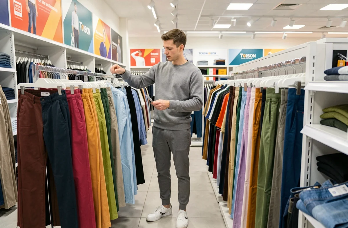 Jeune homme feuilletant un portant de chinos colorés chez Jules au centre commercial Toison d'Or à Dijon, environnement moderne et accessible avec présentoirs épurés