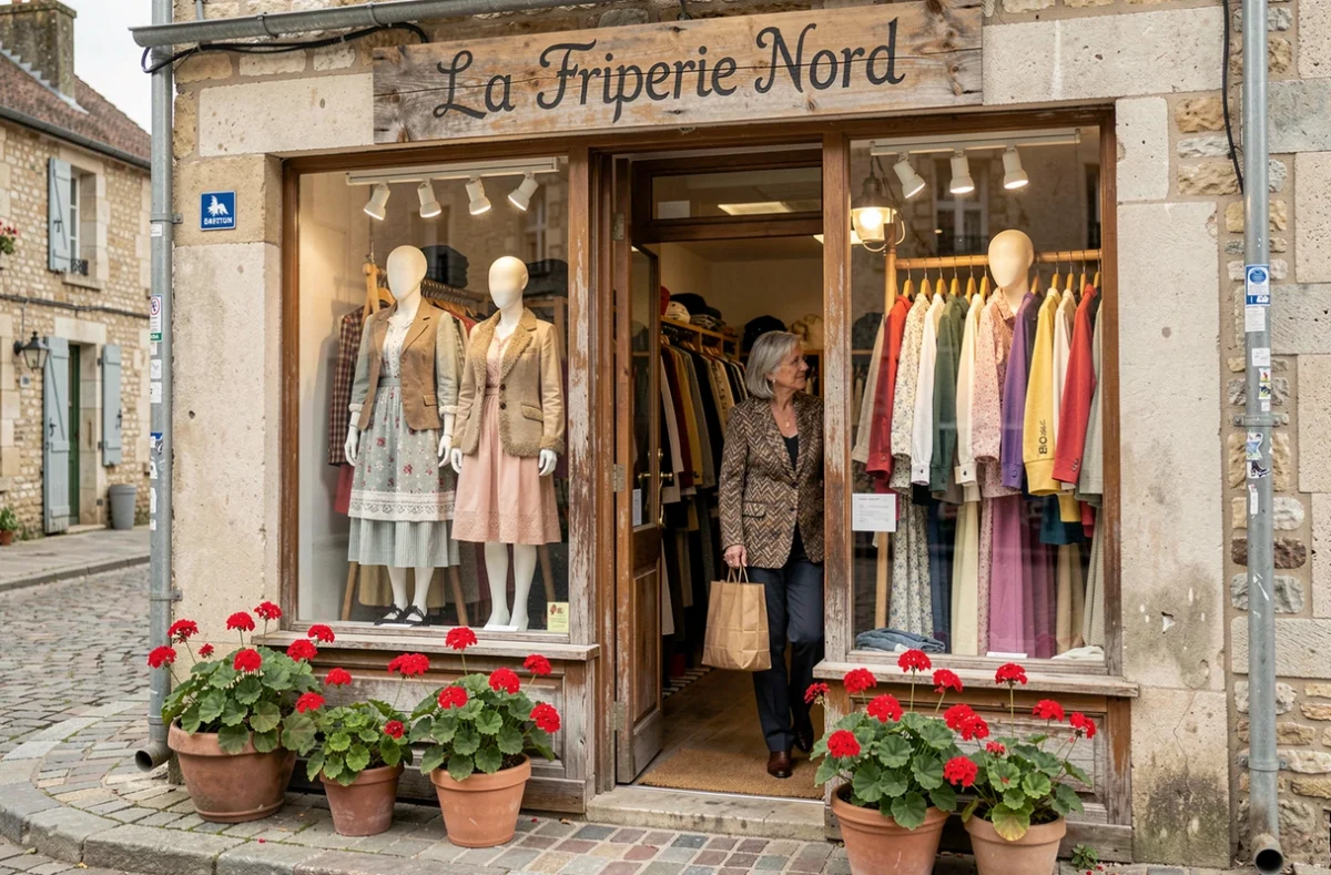 Façade et vitrine de La Friperie Nord, enseigne bretonne de seconde main, avec mannequins et vêtements colorés