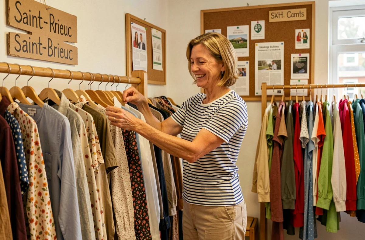 Bénévole arrangeant des vêtements dans la boutique solidaire Les Culottées d'Armor à Saint-Brieuc