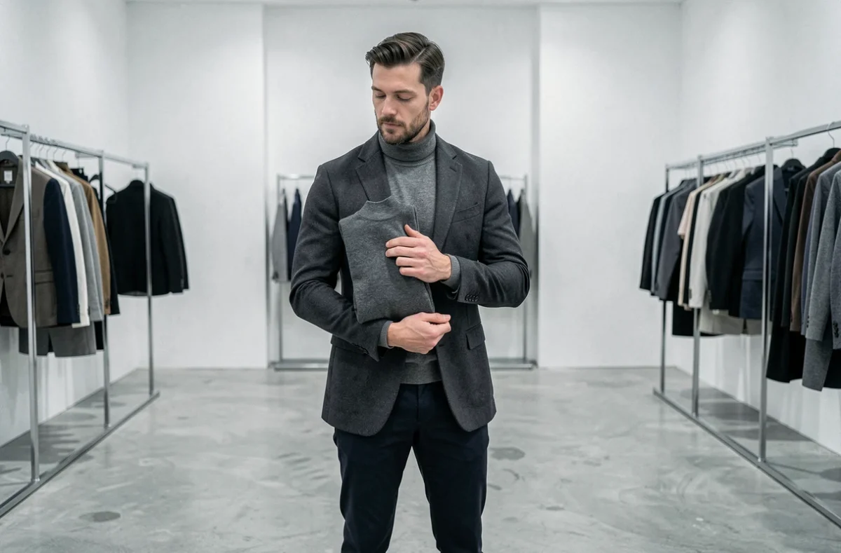 Homme soigné tenant un col roulé en laine mérinos dans la boutique L'Homme à Dijon, intérieur épuré de style galerie avec murs blancs et portants chromés