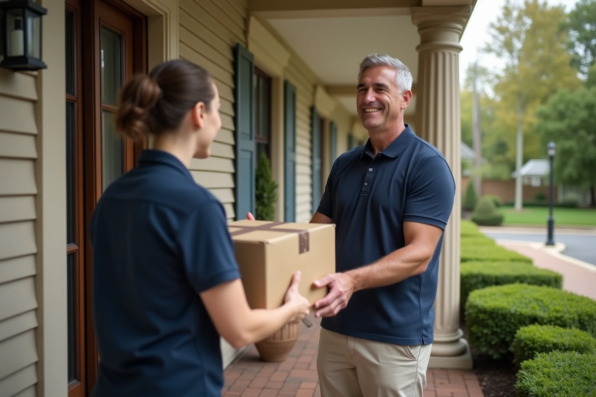 Homme recevant un colis de la livreuse devant sa maison