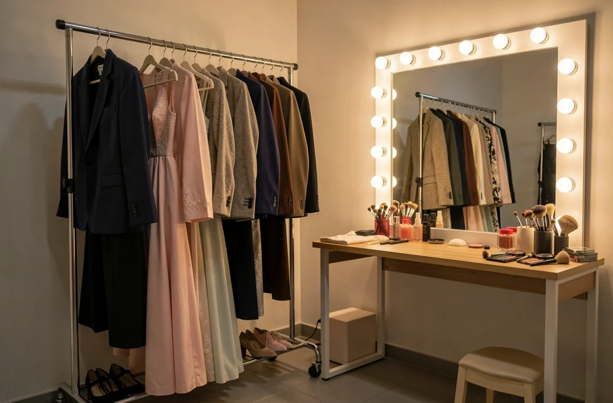 Loge de télévision avec portant de vêtements et miroir de maquillage