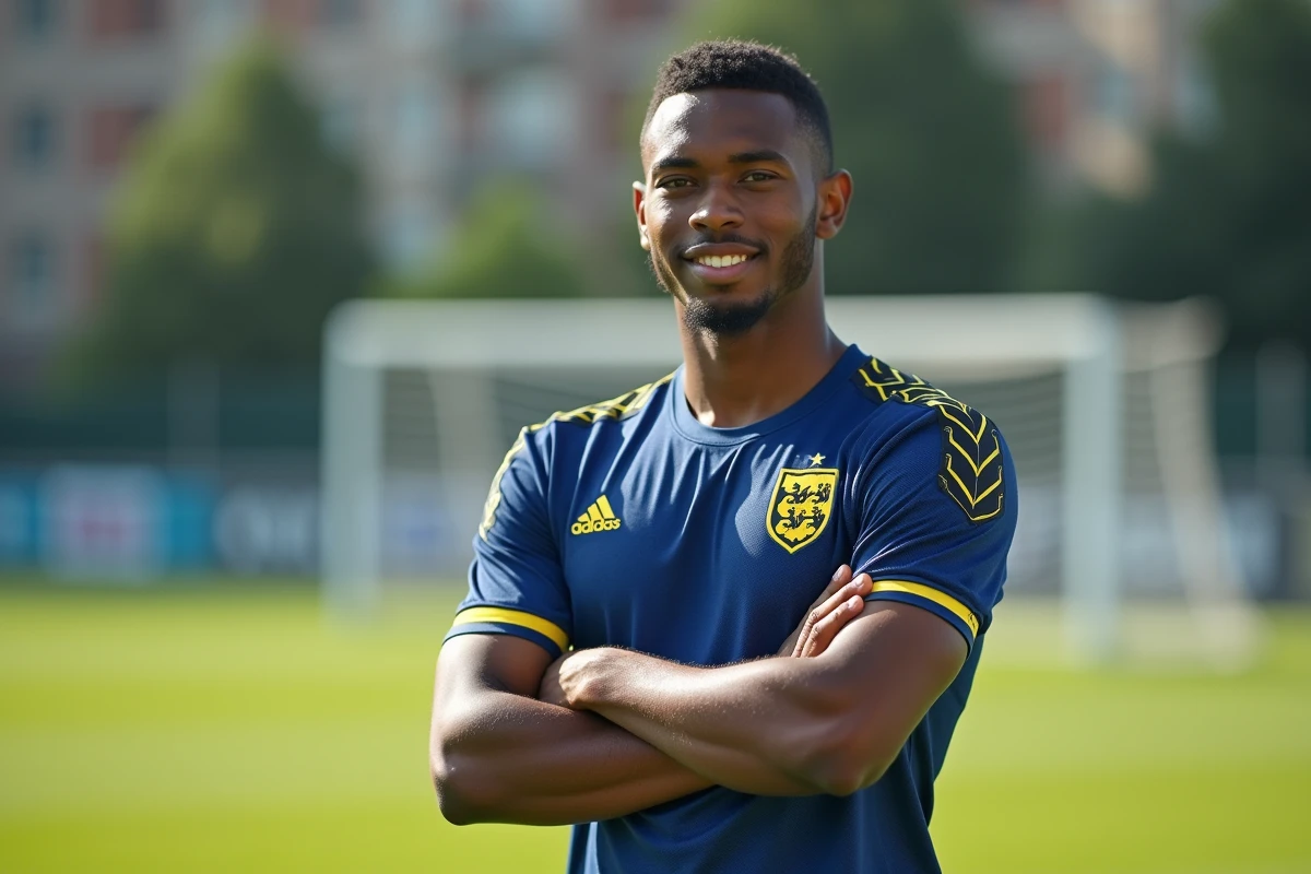 Jeune footballeur portant un maillot officiel Blue Lock aux motifs géométriques jaunes et noirs sur un terrain d'entraînement naturel