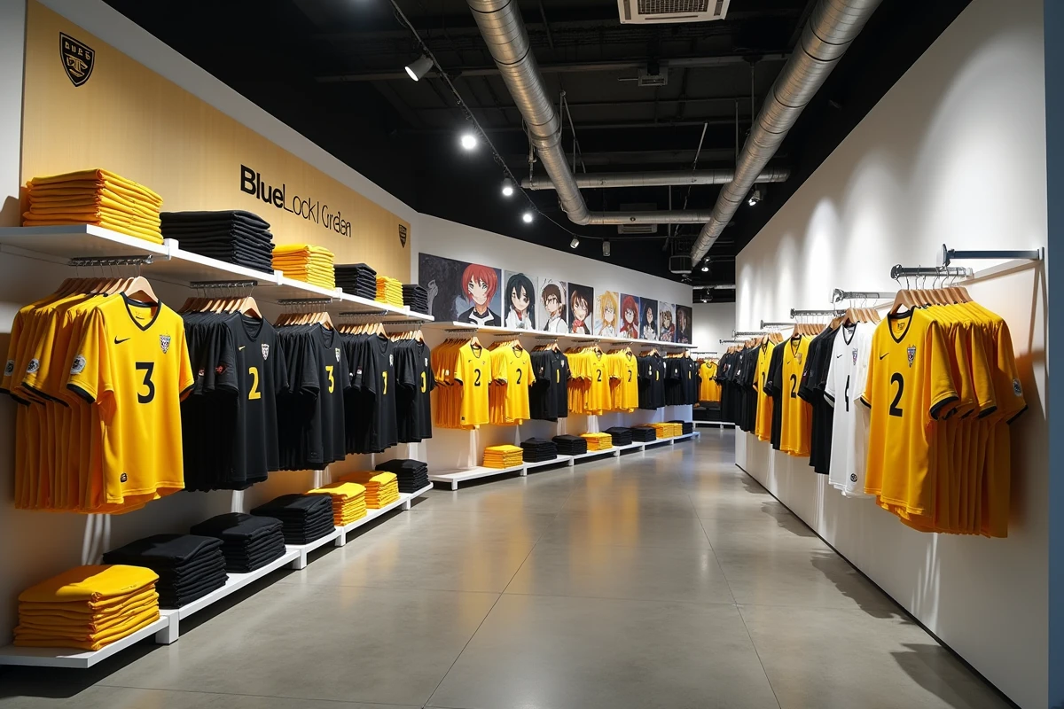 Présentoir de maillots Blue Lock dans une boutique de sport moderne avec rayonnages métalliques et visuels tirés de l'anime