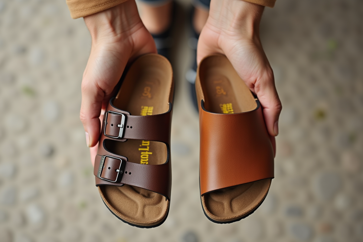 Mains tenant une sandale Birkenstock et une Scholl vues de dessus