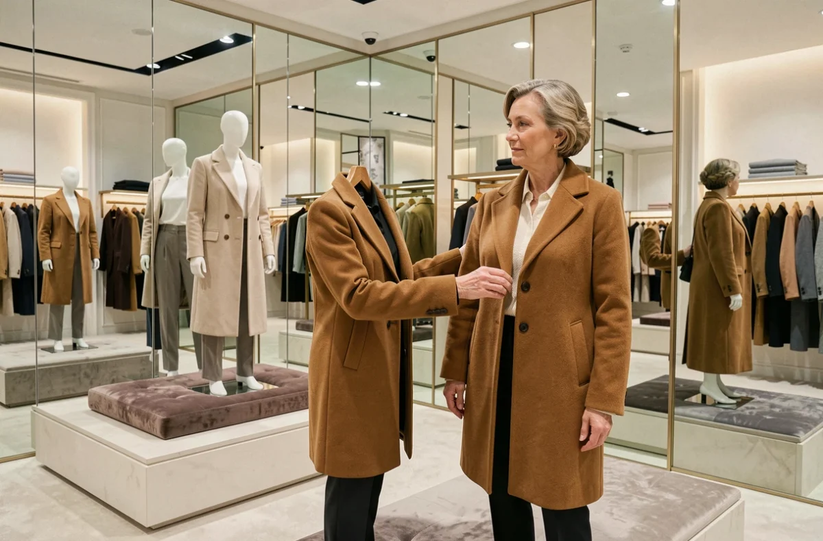 Boutique Majestic à Perpignan avec manteaux et vêtements chics dans un intérieur raffiné aux miroirs élégants