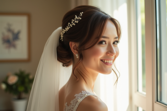 Mariée souriante aux cheveux courts et ondules avec perles