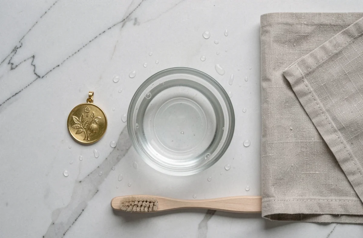 Mise à plat des outils nécessaires pour nettoyer un pendentif en or gravé : bol d'eau savonneuse, brosse douce et chiffon en lin