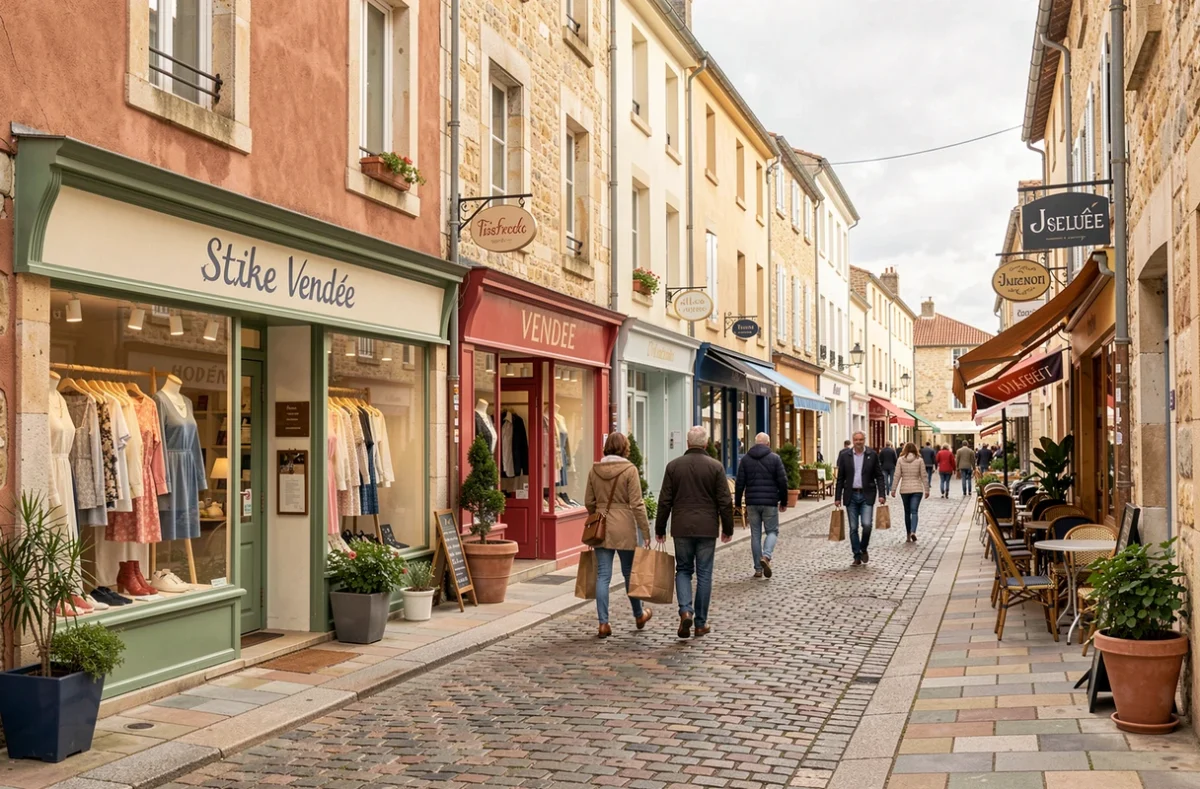 Rue commerçante animée en Vendée avec boutiques de vêtements indépendantes et vitrines élégantes
