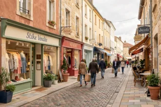 Rue commerçante animée en Vendée avec boutiques de vêtements indépendantes et vitrines élégantes