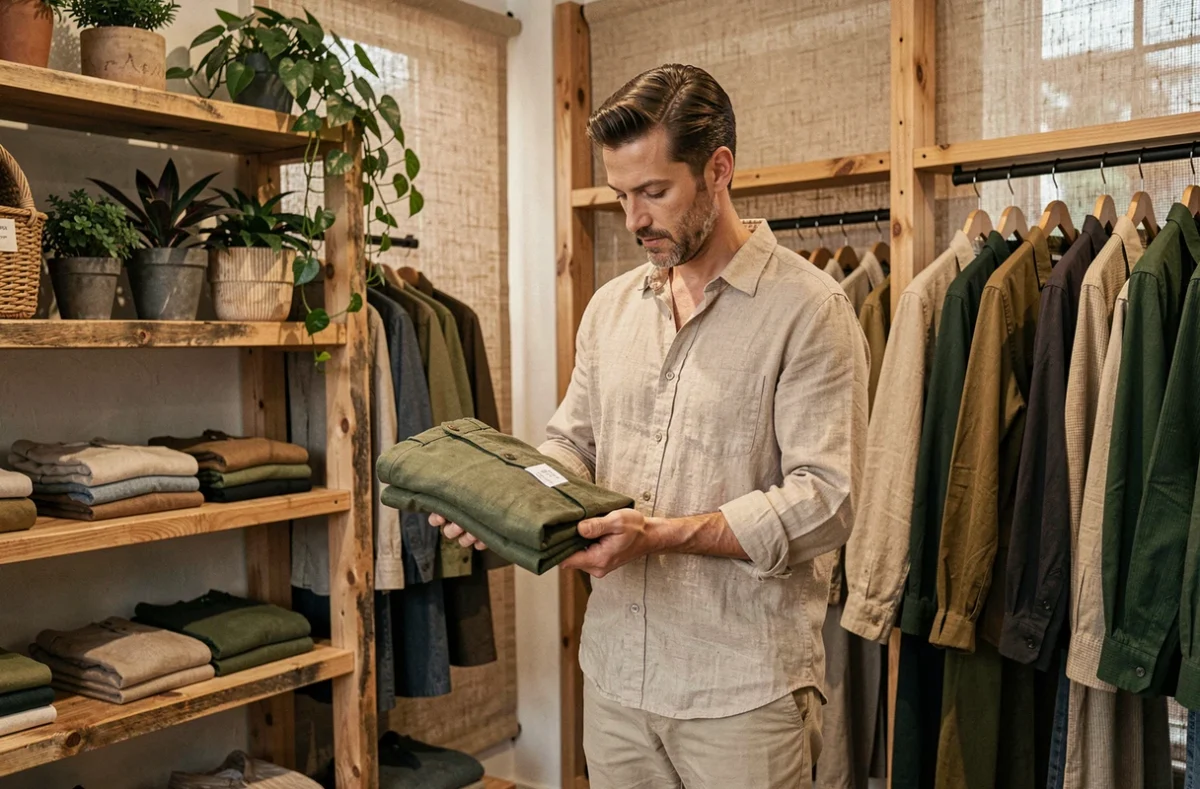 Homme en tenue décontractée en fibres naturelles explorant les vêtements écoresponsables de Nature d'Homme à Dijon, boutique à l'esthétique naturelle avec bois recyclé et plantes vertes