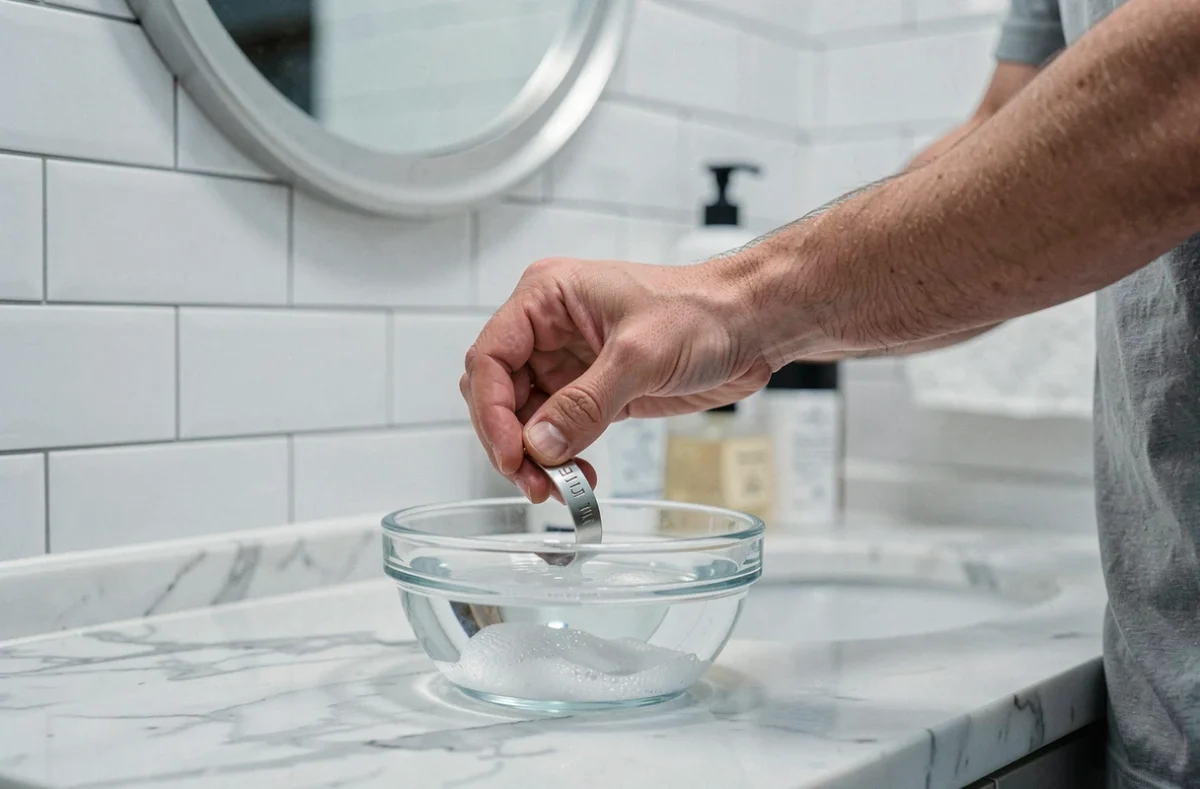 Homme plongeant un jonc argenté gravé dans un bol d'eau savonneuse sur un comptoir en marbre