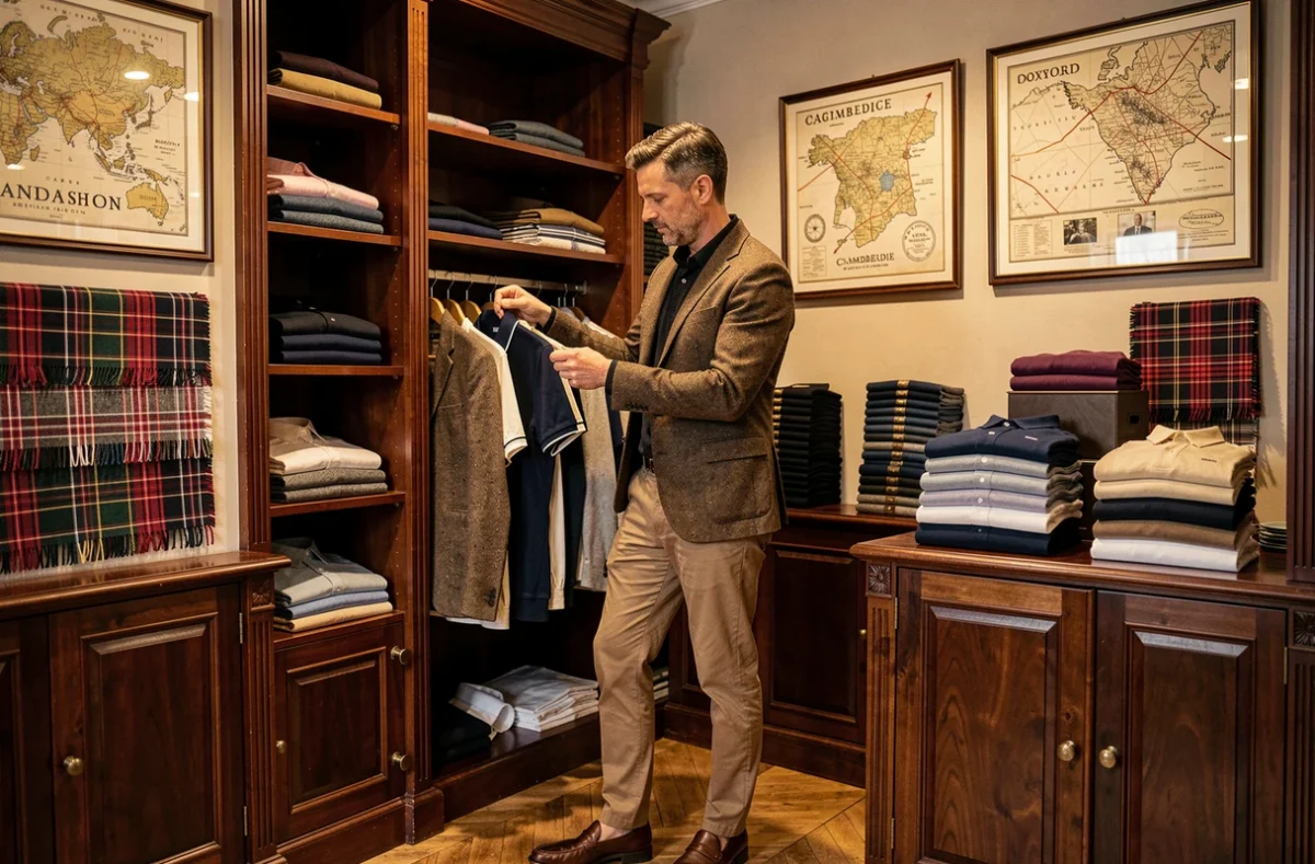 Homme en veste tweed feuilletant des polos dans la boutique New Cambridge à Besançon, décor héritage britannique avec étagères en acajou et cartes vintage encadrées