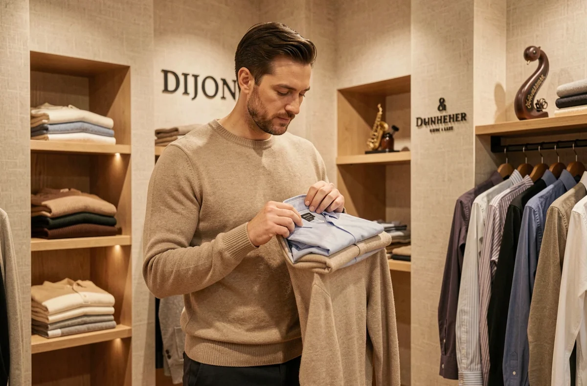 Homme raffiné feuilletant des pulls et chemises premium dans la boutique Note Bleue à Dijon, ambiance intimiste avec étagères en bois et décor élégant aux tonalités chaleureuses