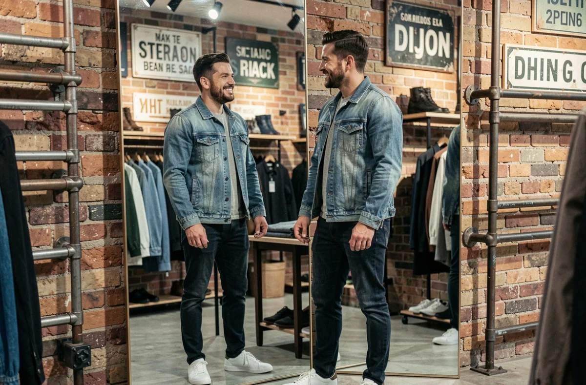 Jeune homme essayant une veste en jean devant un miroir dans la boutique Old River à Dijon, décor industriel avec briques apparentes et portants métalliques