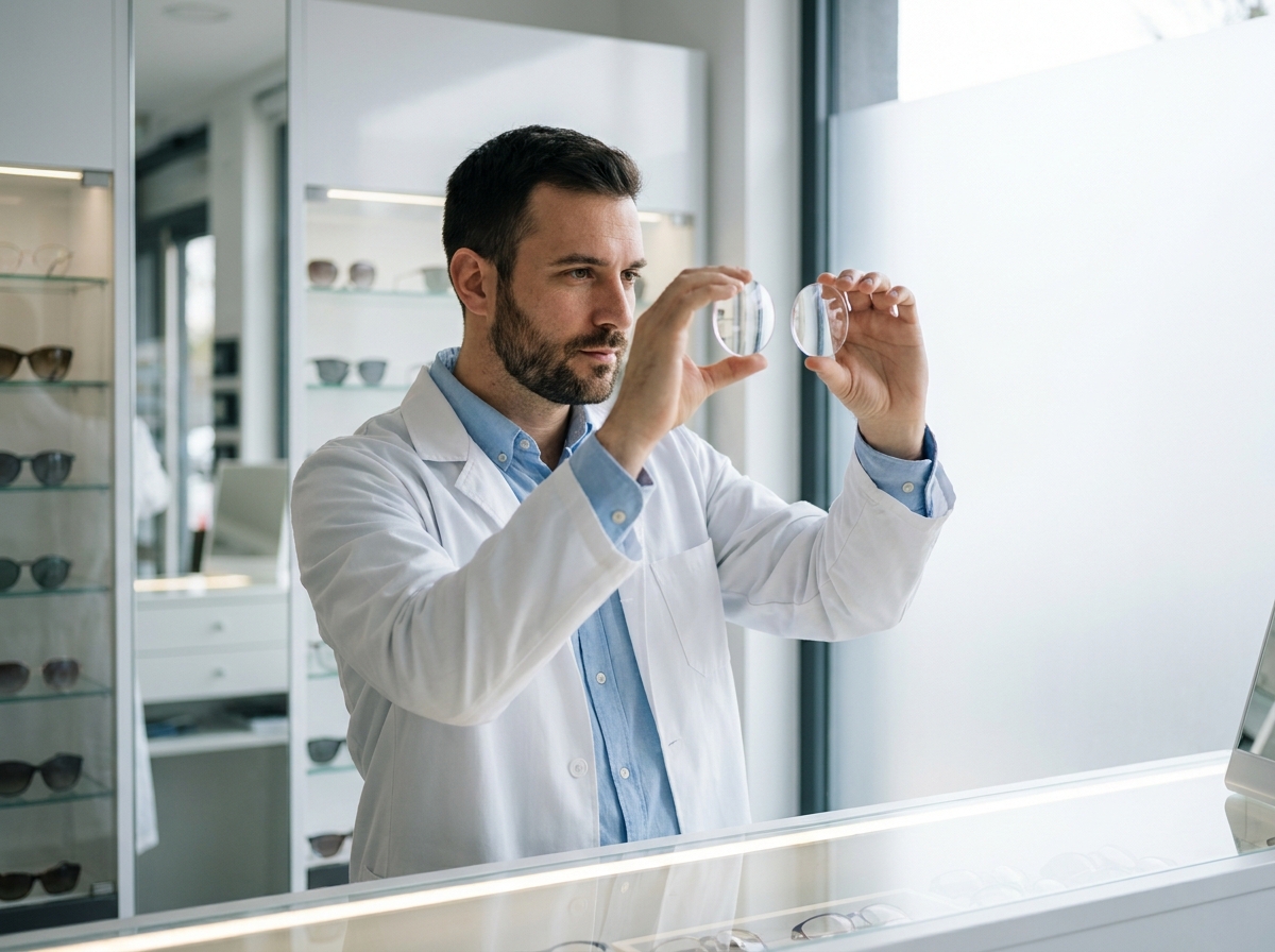 Opticien comparant deux verres correcteurs dans une boutique d'optique moderne