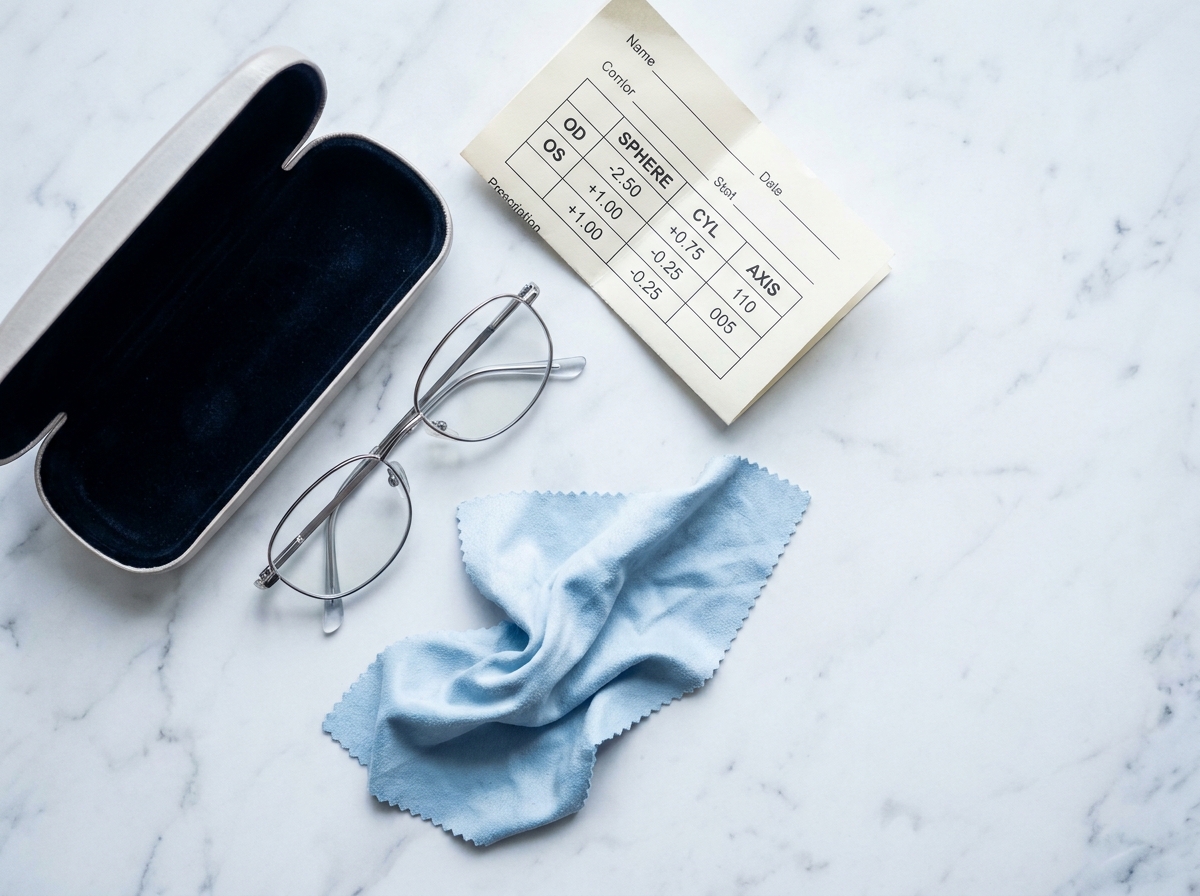 Vue du dessus d'une ordonnance de lunettes avec verres, étui et valeurs de dioptries sur marbre blanc