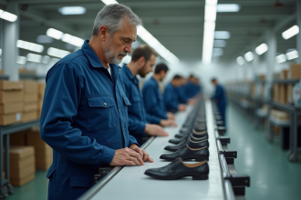 Ouvrier d'usine en bleu inspectant des chaussures
