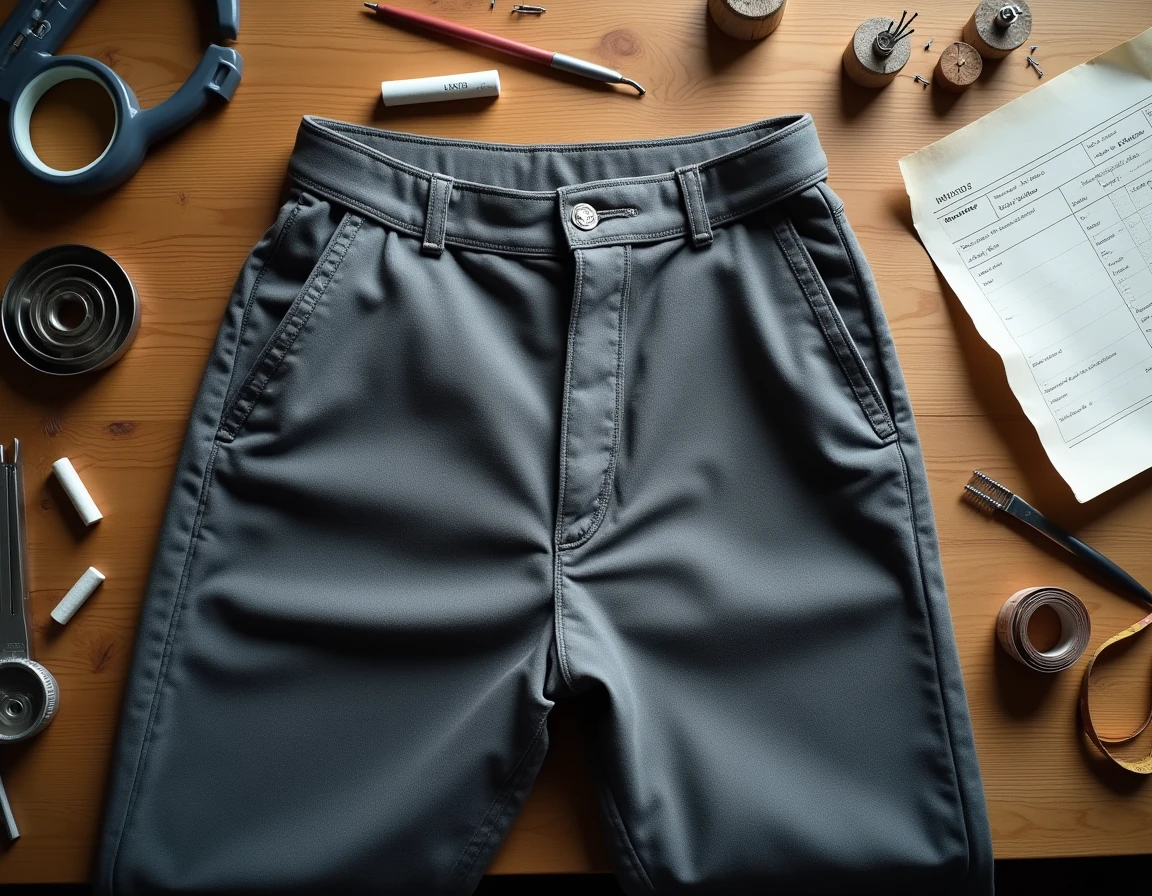Vue aérienne d'un pantalon en laine grise sur établi avec outils de retouche et facture manuscrite détaillée