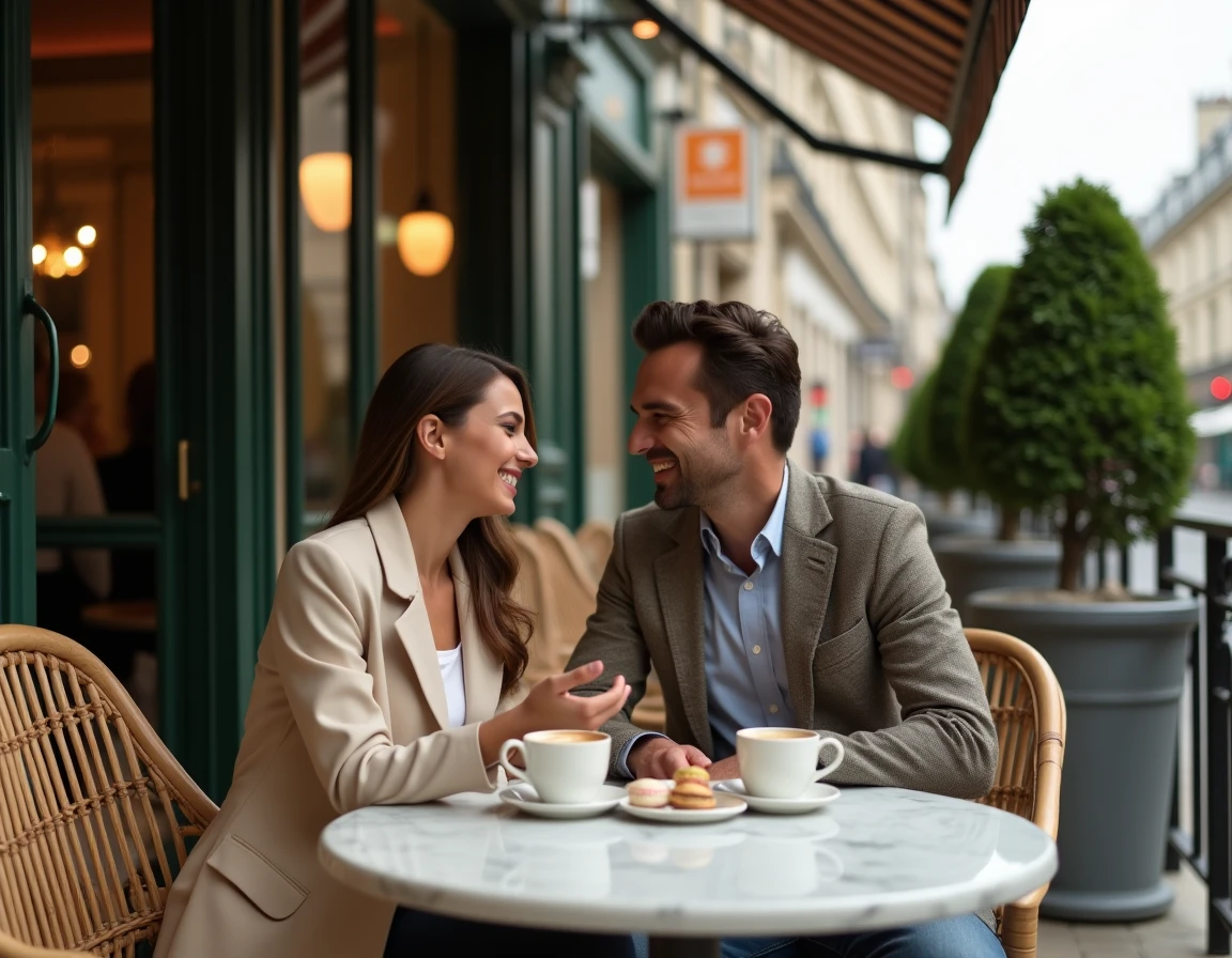 Couple amoureux en pause café en terrasse sur l'Avenue Montaigne avec des sacs de shopping de luxe, décor de brasserie parisienne chic