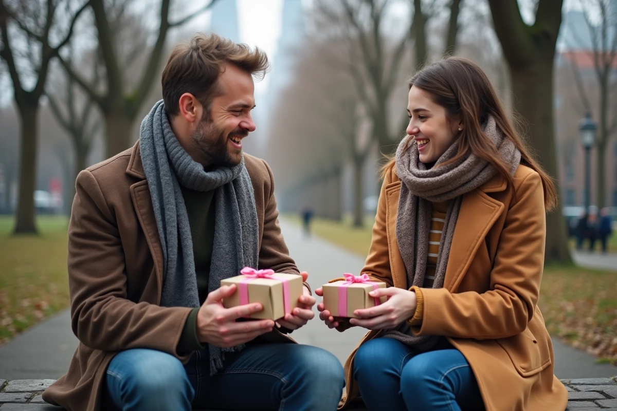 Père et fille échangeant des cadeaux dans un parc urbain