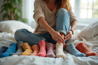 Personne comparant ses pieds aux chaussettes colorées pour un ajustement parfait