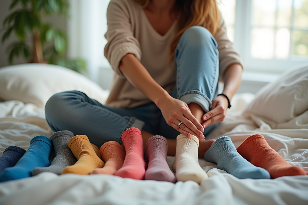 Personne comparant ses pieds aux chaussettes colorées pour un ajustement parfait