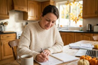 Femme planifiant ses achats de Noël à l'avance avec une liste manuscrite et un budget organisé sur une table en bois