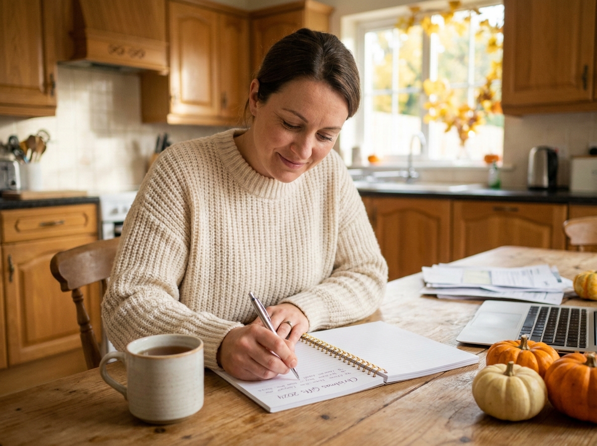 Femme planifiant ses achats de Noël à l'avance avec une liste manuscrite et un budget organisé sur une table en bois