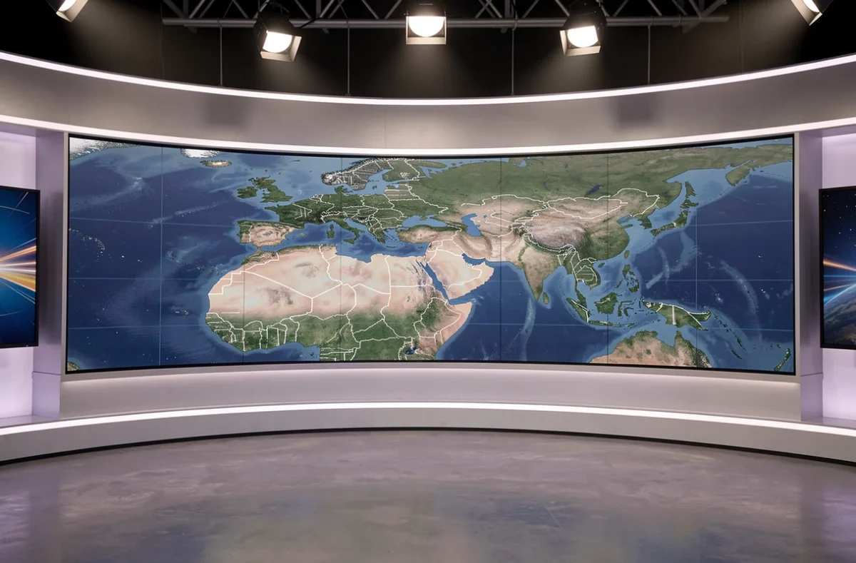 Plateau de télévision de la météo avec écran de cartes et éclairage de studio