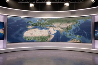 Plateau de télévision de la météo avec écran de cartes et éclairage de studio