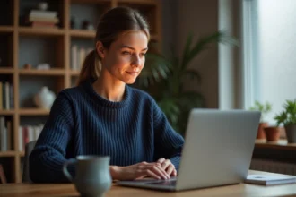 Femme consultant un site de vente de vêtements en ligne pour la première fois sur son ordinateur portable à son bureau à domicile